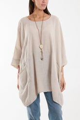 Khaki Cotton Mix Necklace Pockets Top For Women ONE SIZE - Dropwear